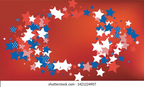 Colors of American Flag: Red, Blue and White. Banner, Greeting Card.  Abstract Background with Many Falling Stars Confetti on Red Backdrop. 
 Vector Stars Background with Colors of American Flag.