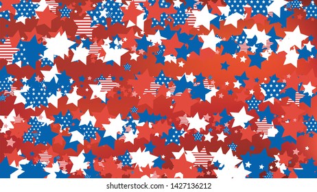 Colors of American Flag: Red, Blue and White.  Abstract Background with Many Falling Stars Confetti on Red Backdrop. 
 Banner, Greeting Card. Vector Stars Background with Colors of American Flag.