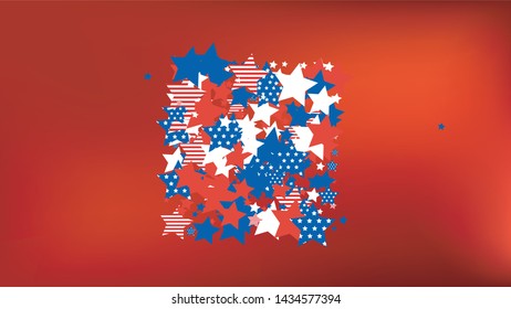 Colors of American Flag: Red, Blue and White. Banner, Greeting Card.  Abstract Background with Many Falling Stars Confetti on Red Backdrop. 
 Vector Stars Background with Colors of American Flag.