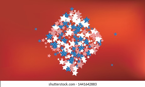 Colors of American Flag: Red, Blue and White.  Abstract Background with Many Falling Stars Confetti on Red Backdrop. 
 Banner, Greeting Card. Vector Stars Background with Colors of American Flag.
