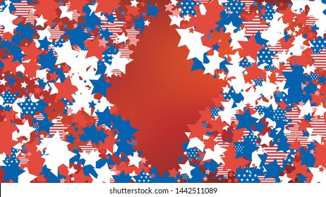 Colors of American Flag: Red, Blue and White. Banner, Greeting Card.  Abstract Background with Many Falling Stars Confetti on Red Backdrop. 
 Vector Stars Background with Colors of American Flag.