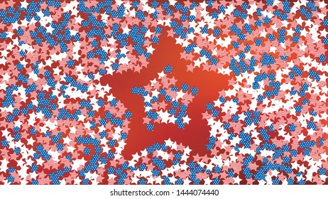 Colors of American Flag: Red, Blue and White. Banner, Greeting Card.  Abstract Background with Many Falling Stars Confetti on Red Backdrop. 
 Vector Stars Background with Colors of American Flag.