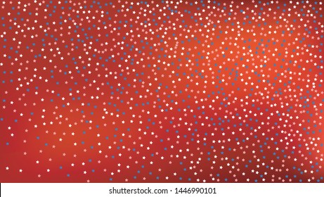 Colors of American Flag: Red, Blue and White. Banner, Greeting Card.  Abstract Background with Many Falling Stars Confetti on Red Backdrop. 
 Vector Stars Background with Colors of American Flag.