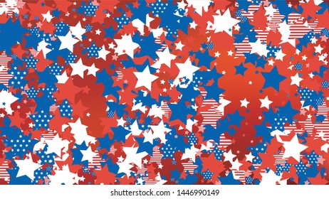 Colors of American Flag: Red, Blue and White. Banner, Greeting Card.  Abstract Background with Many Falling Stars Confetti on Red Backdrop. 
 Vector Stars Background with Colors of American Flag.