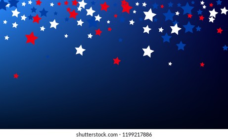 Colors of American Flag. USA Independence Day.  . Abstract Background with Many Random Falling Stars Confetti on Blue Background. 