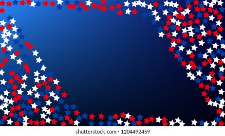 Colors of American Flag. USA Independence Day.  Red, Blue and White Stars on Blue Gradient Background. Abstract Background with Many Random Falling Stars Confetti on Blue Background. 