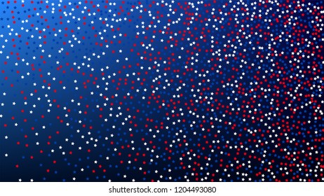Colors of American Flag. USA Independence Day.  Red, Blue and White Stars on Blue Gradient Background. Abstract Background with Many Random Falling Stars Confetti on Blue Background. 