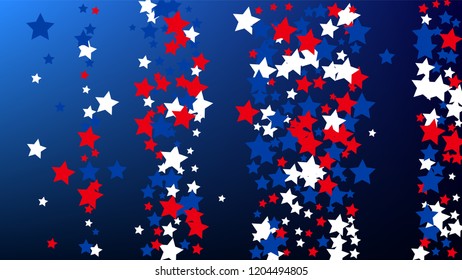 Colors of American Flag. USA Independence Day.  Red, Blue and White Stars on Blue Gradient Background. Abstract Background with Many Random Falling Stars Confetti on Blue Background. 