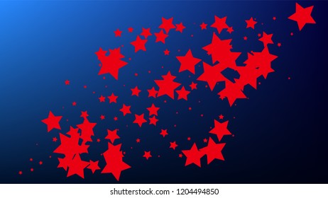 Colors of American Flag. USA Independence Day.  Red, Blue and White Stars on Blue Gradient Background. Abstract Background with Many Random Falling Stars Confetti on Blue Background. 