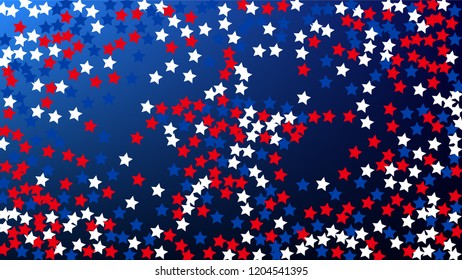 Colors of American Flag. USA Independence Day.  . Abstract Background with Many Random Falling Stars Confetti on Blue Background. 
