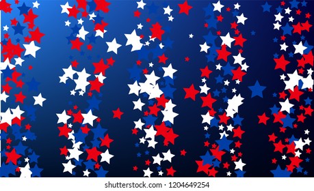 Colors of American Flag. USA Independence Day.  Red, Blue and White Stars on Blue Gradient Background. Abstract Background with Many Random Falling Stars Confetti on Blue Background. 