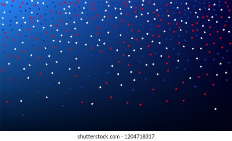 Colors of American Flag. USA Independence Day.  Red, Blue and White Stars on Blue Gradient Background. Abstract Background with Many Random Falling Stars Confetti on Blue Background. 