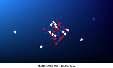Colors of American Flag. USA Independence Day.  Red, Blue and White Stars on Blue Gradient Background. Abstract Background with Many Random Falling Stars Confetti on Blue Background. 