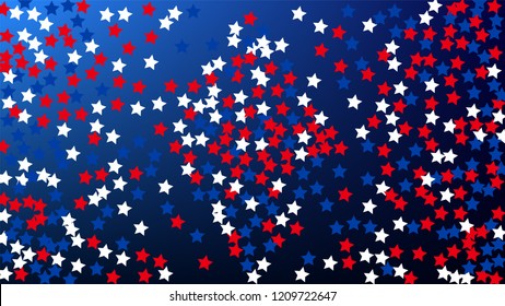 Colors of American Flag. USA Independence Day.  Red, Blue and White Stars on Blue Gradient Background. Abstract Background with Many Random Falling Stars Confetti on Blue Background. 