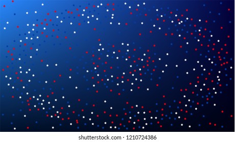 Colors of American Flag. USA Independence Day.  Red, Blue and White Stars on Blue Gradient Background. Invitation Background. Banner, Christmas and New Year card, Postcard, Packaging, Textile Print.