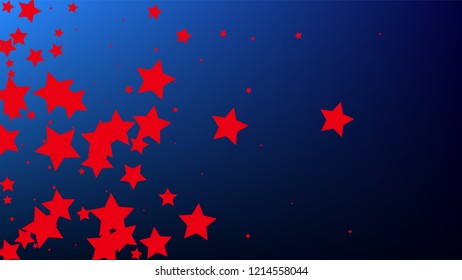 Colors of American Flag. USA Independence Day.  . Abstract Background with Many Random Falling Stars Confetti on Blue Background. 