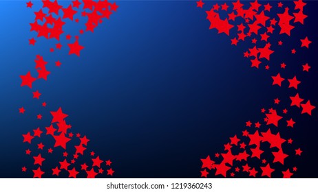 Colors of American Flag. USA Independence Day.  Red, Blue and White Stars on Blue Gradient Background. Abstract Background with Many Random Falling Stars Confetti on Blue Background. 