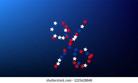 Colors of American Flag. USA Independence Day.  Red, Blue and White Stars on Blue Gradient Background. Invitation Background. Banner, Christmas and New Year card, Postcard, Packaging, Textile Print.