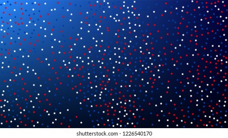 Colors of American Flag. USA Independence Day.  Red, Blue and White Stars on Blue Gradient Background. Abstract Background with Many Random Falling Stars Confetti on Blue Background. 