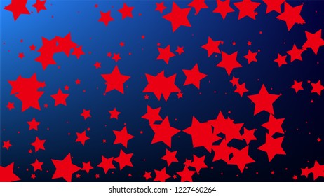 Colors of American Flag. USA Independence Day.  . Abstract Background with Many Random Falling Stars Confetti on Blue Background. 