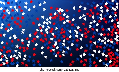 Colors of American Flag. USA Independence Day.  . Abstract Background with Many Random Falling Stars Confetti on Blue Background. 