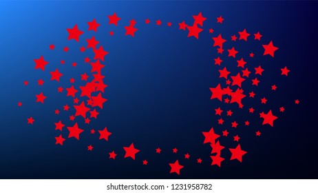 Colors of American Flag. USA Independence Day.  Red, Blue and White Stars on Blue Gradient Background. Abstract Background with Many Random Falling Stars Confetti on Blue Background. 