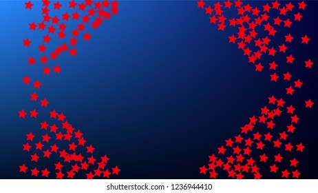 Colors of American Flag. USA Independence Day.  Red, Blue and White Stars on Blue Gradient Background. Abstract Background with Many Random Falling Stars Confetti on Blue Background. 