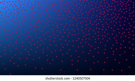 Colors of American Flag. USA Independence Day.  Red, Blue and White Stars on Blue Gradient Background. Abstract Background with Many Random Falling Stars Confetti on Blue Background. 