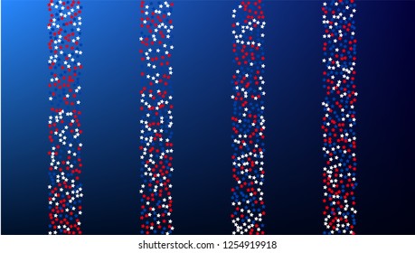 Colors of American Flag. USA Independence Day.  . Abstract Background with Many Random Falling Stars Confetti on Blue Background. 