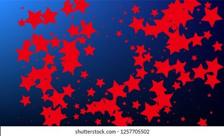 Colors of American Flag. USA Independence Day.  Red, Blue and White Stars on Blue Gradient Background. Abstract Background with Many Random Falling Stars Confetti on Blue Background. 