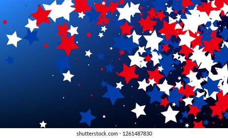 Colors of American Flag. USA Independence Day.  Red, Blue and White Stars on Blue Gradient Background. Invitation Background. Banner, Christmas and New Year card, Postcard, Packaging, Textile Print.