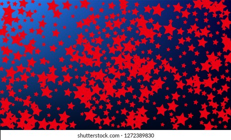 Colors of American Flag. USA Independence Day.  Red, Blue and White Stars on Blue Gradient Background. Invitation Background. Banner, Christmas and New Year card, Postcard, Packaging, Textile Print.