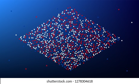 Colors of American Flag. USA Independence Day.  Red, Blue and White Stars on Blue Gradient Background. Abstract Background with Many Random Falling Stars Confetti on Blue Background. 