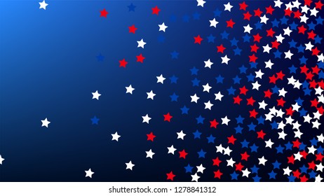 Colors of American Flag. USA Independence Day.  . Abstract Background with Many Random Falling Stars Confetti on Blue Background. 