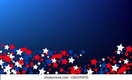 Colors of American Flag. USA Independence Day.  . Abstract Background with Many Random Falling Stars Confetti on Blue Background. 
