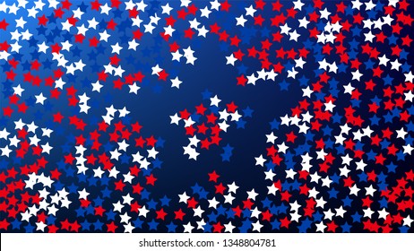 Colors of American Flag. USA Independence Day.  Red, Blue and White Stars on Blue Gradient Background. Invitation Background. Banner, Christmas and New Year card, Postcard, Packaging, Textile Print.
