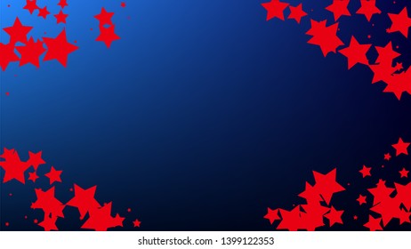 Colors of American Flag. USA Independence Day.  . Abstract Background with Many Random Falling Stars Confetti on Blue Background. 