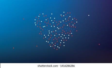 Colors of American Flag. USA Independence Day.  Red, Blue and White Stars on Blue Gradient Background. Abstract Background with Many Random Falling Stars Confetti on Blue Background. 