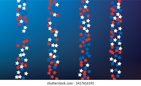 Colors of American Flag. USA Independence Day.  Red, Blue and White Stars on Blue Gradient Background. Abstract Background with Many Random Falling Stars Confetti on Blue Background. 