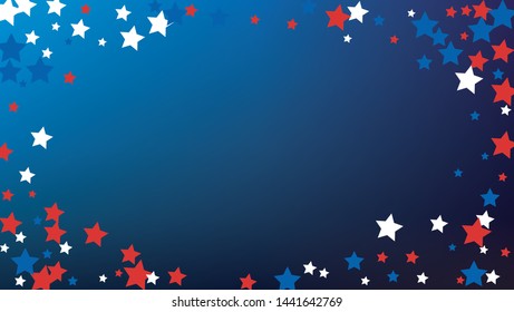 Colors of American Flag. USA Independence Day.  Red, Blue and White Stars on Blue Gradient Background. Invitation Background. Banner, Christmas and New Year card, Postcard, Packaging, Textile Print.
