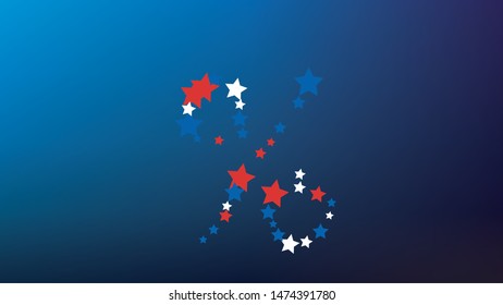 Colors of American Flag. USA Independence Day.  Red, Blue and White Stars on Blue Gradient Background. Invitation Background. Banner, Christmas and New Year card, Postcard, Packaging, Textile Print.