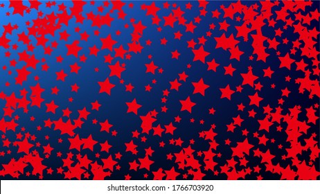 Colors of American Flag. USA Independence Day.  Red, Blue and White Stars on Blue Gradient Background. Invitation Background. Banner, Christmas and New Year card, Postcard, Packaging, Textile Print.
