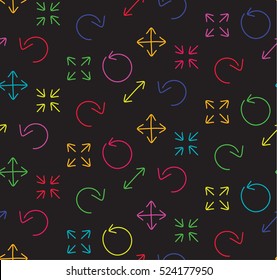 Colors arrows abstract web black seamless pattern. Vector illustration.