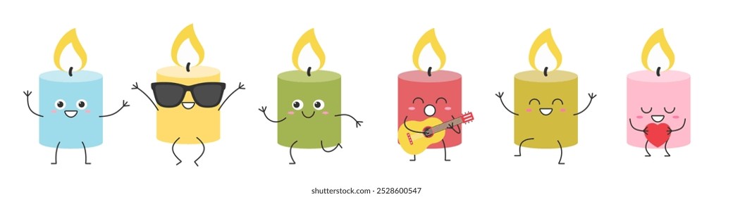 Cores velas personagem desenho animado set greet jump amor correr cantar sorriso alegria bonito vetor ilustração.