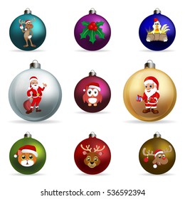 Colors Christmas balls with funny happy cartoon character