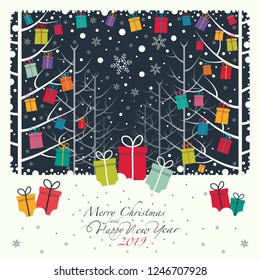The colors Christmas gifts hanging on branches in the forest. On the snow there colors gift boxes. The phrase merry Christmas and happy new year and numbers 2,0,1,9