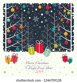 The colors Christmas toys hanging on branches in the forest. On the snow there colors gift boxes. The phrase merry Christmas and happy new year and numbers 2,0,1,9