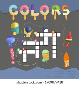 Colors crossword. Kids words search puzzle game with colourful ice cream blue and yellow, pink and purple, red, green and orange. Educational worksheet for children