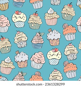 Colors Cupcake seamless pattern. Design for paper, covers, cards, fabrics, background and any. Vector illustration about Sweets Dessert.