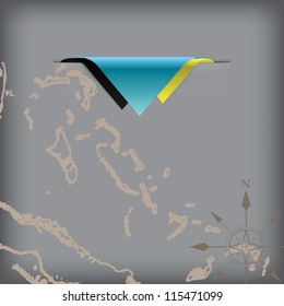 The colors of the flag state Bahamas with a map and the wind rose. Vector illustration.